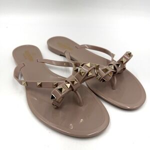 Valentino Rockstud Jelly Sandals Tan Bow Thong Flat Slide Womens Sz 41 / 11 US